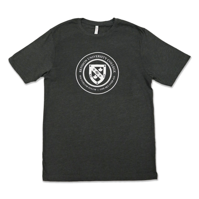 Dark grey t-shirt featuring the Renison University College crest in white at the center.