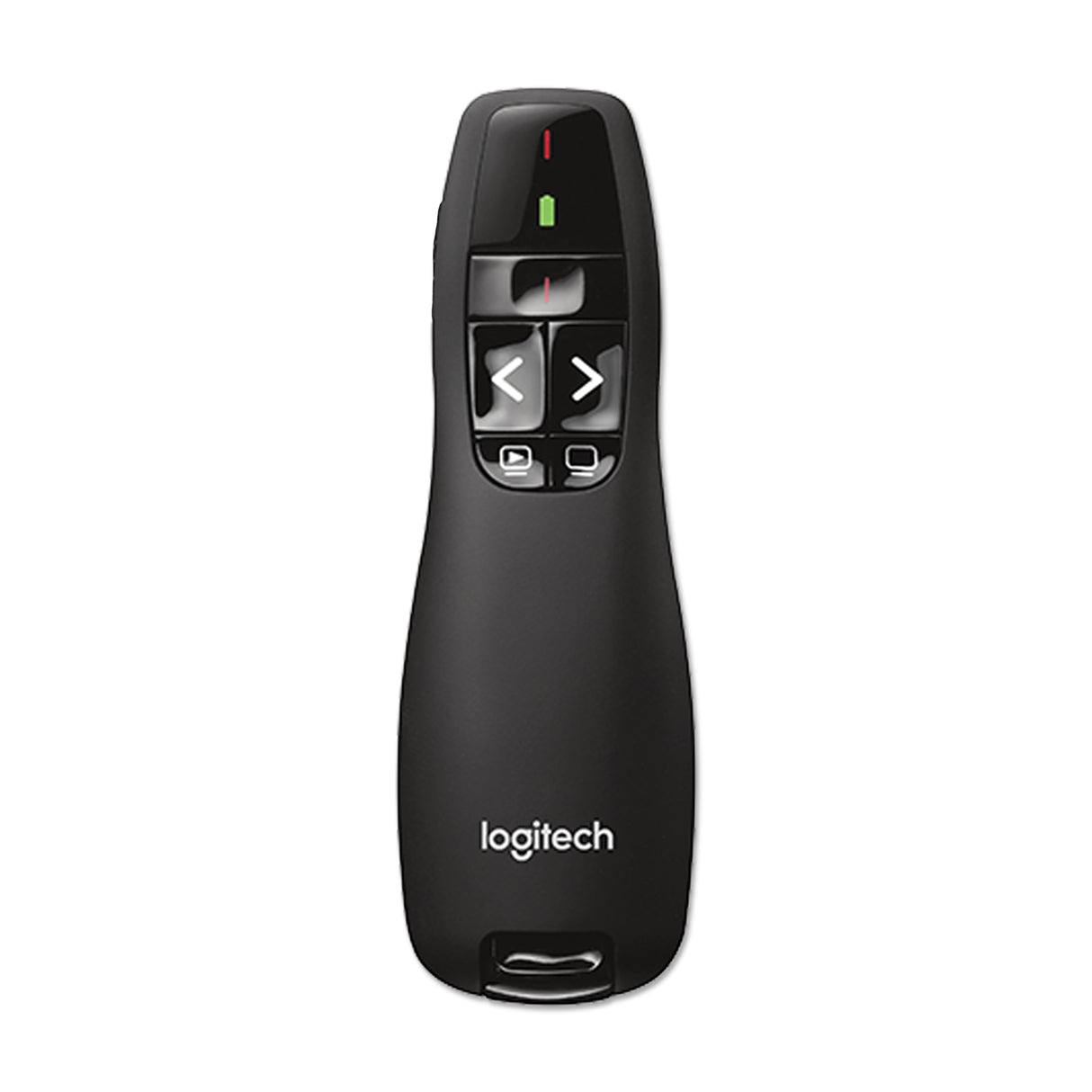A black Logitech presentation remote with buttons for advancing and reversing slides, and a green indicator light at the top.