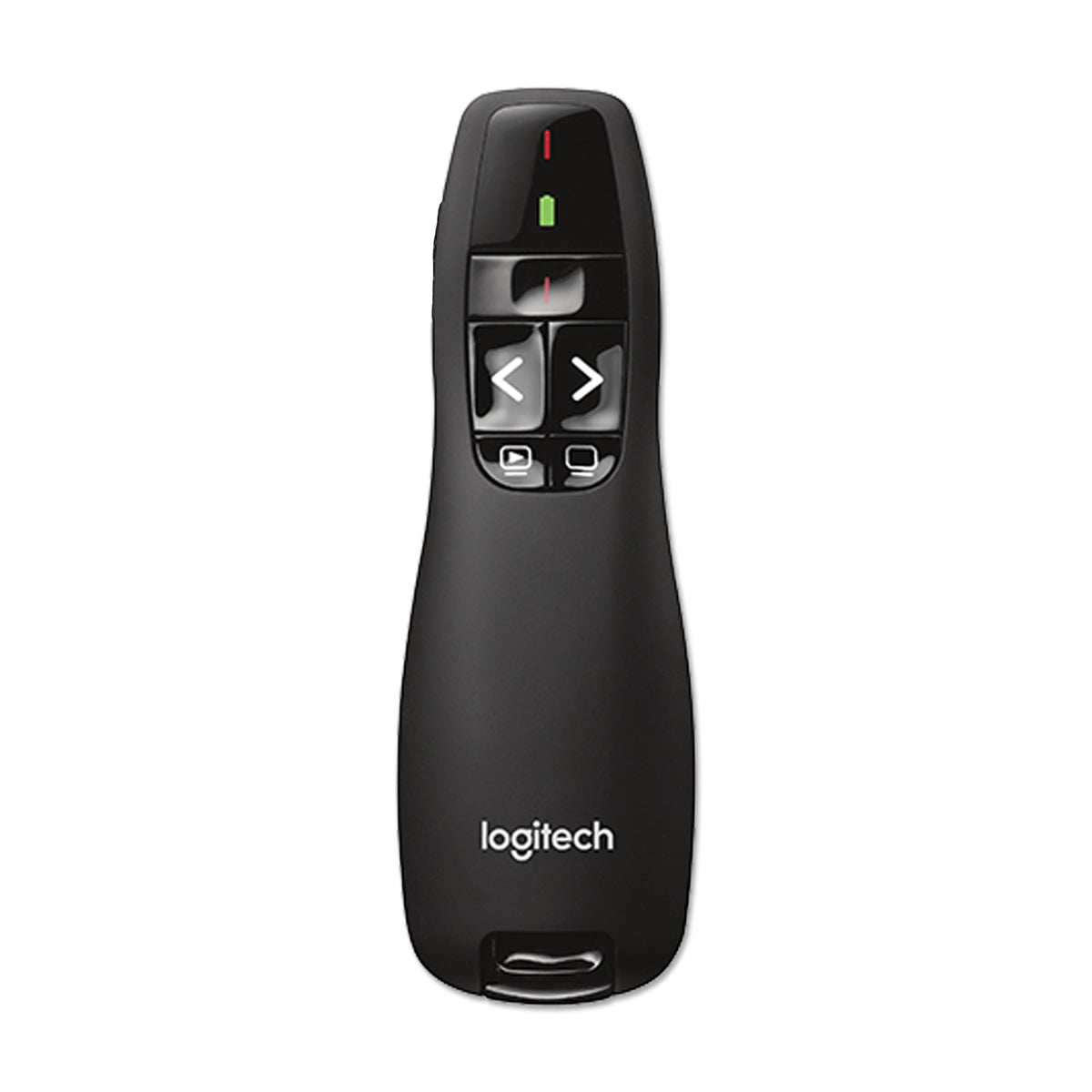 A black Logitech presentation remote with buttons for advancing and reversing slides, and a green indicator light at the top.