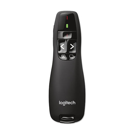 A black Logitech presentation remote with buttons for advancing and reversing slides, and a green indicator light at the top.