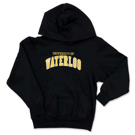 Black hoodie with "University of Waterloo" in yellow and white text on the back.