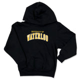 Black hoodie with "University of Waterloo" in yellow and white text on the back.