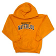 Orange hoodie with "University of Waterloo" printed in black and white across the chest.