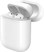 A pair of wireless earbuds inside a white charging case, which is partially open. The earbuds are white with a sleek design.