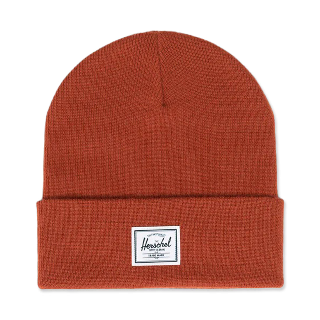 Rust-colored knit beanie with a folded cuff and a Herschel logo patch.