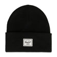 Black knit beanie with a folded cuff and a white label on the front.