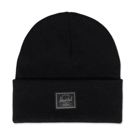 Black knit beanie with a folded cuff and a small Herschel patch on the front.