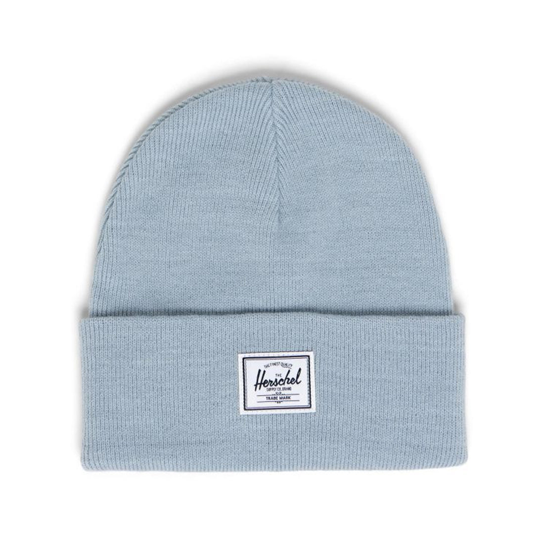 Light blue beanie hat with a folded cuff and a white Herschel label.