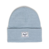 Light blue beanie hat with a folded cuff and a white Herschel label.
