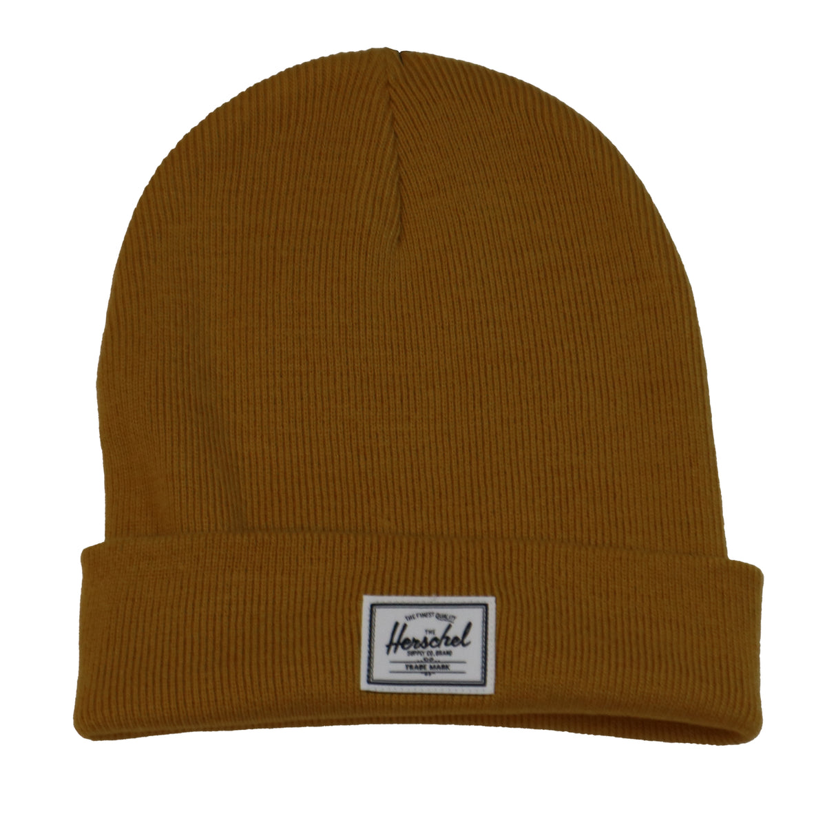 A mustard-colored beanie hat with a folded cuff and a white Herschel brand label.