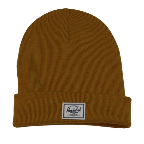 A mustard-colored beanie hat with a folded cuff and a white Herschel brand label.