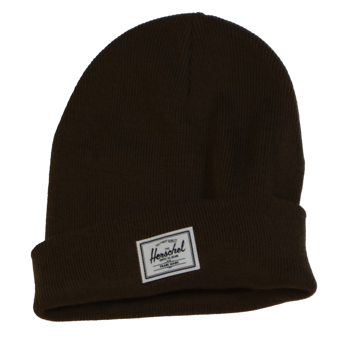 Brown ribbed beanie hat with a white Herschel label.