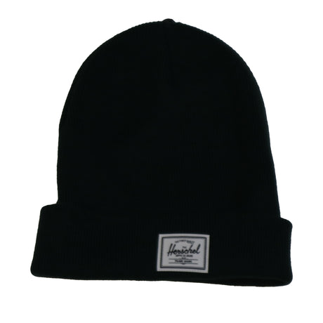 A black knit beanie hat with a folded cuff and a white label featuring the brand name "Herschel."