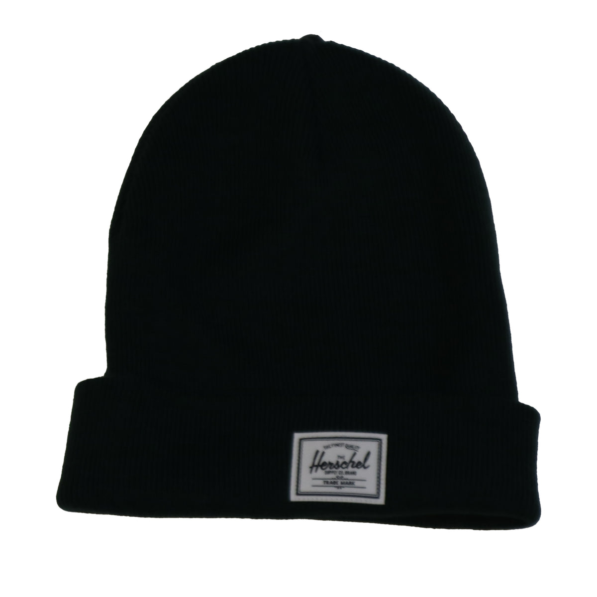 A black knit beanie hat with a folded cuff and a white label featuring the brand name "Herschel."