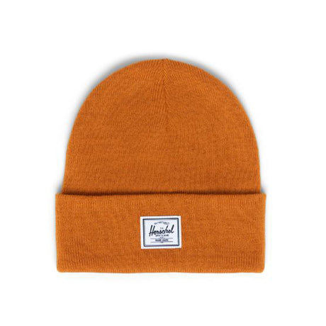 Orange beanie hat with a folded cuff and a white label featuring the brand name "Herschel."