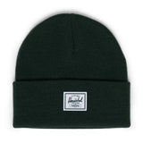 Dark green knit beanie with a white Herschel label.
