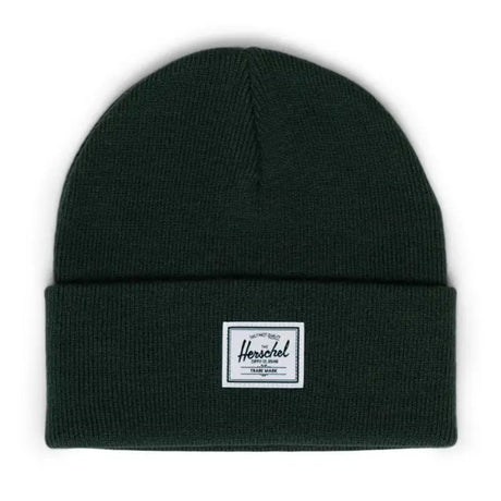 Dark green knit beanie with a white Herschel label.