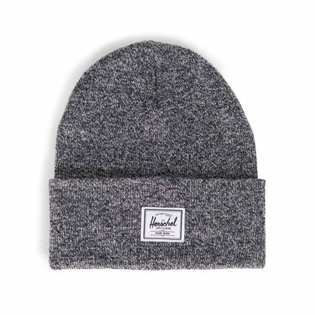 Gray knit beanie with a folded cuff and a small Herschel brand tag.