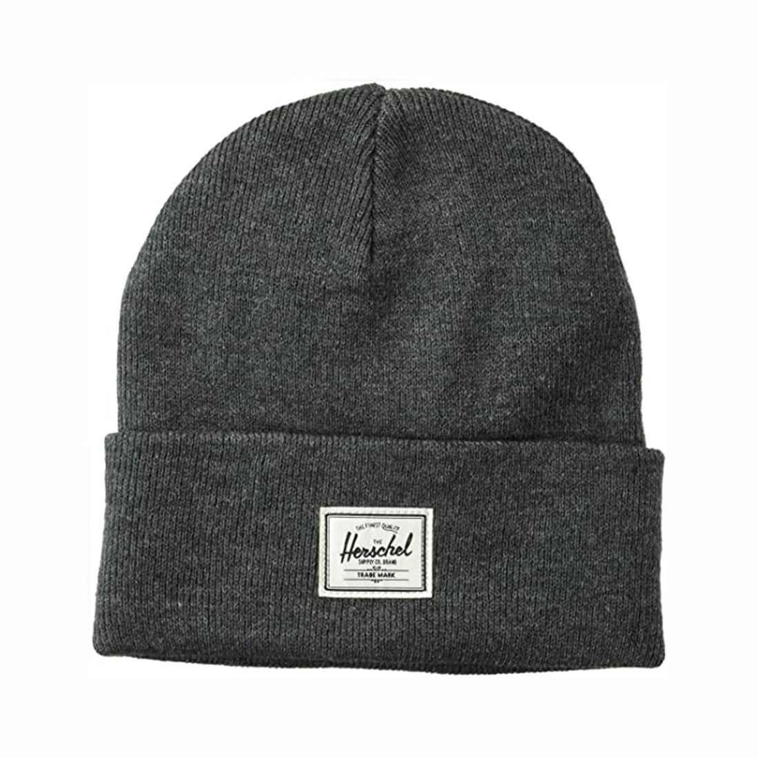 Gray knit beanie hat with a folded cuff and a white brand patch labeled "Herschel."