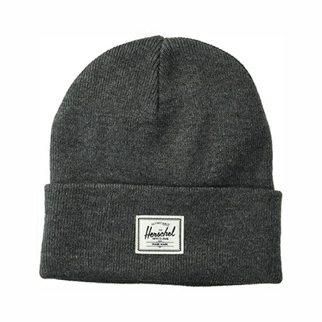 Gray knit beanie hat with a folded cuff and a white brand patch labeled "Herschel."