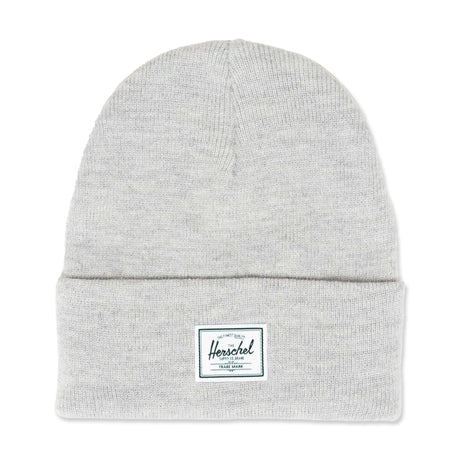 Light gray knit beanie with folded cuff and Herschel logo patch.