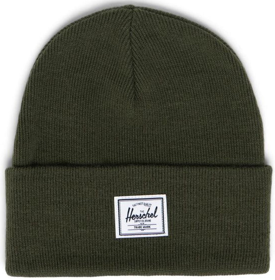 Olive green beanie with a white Herschel brand label.