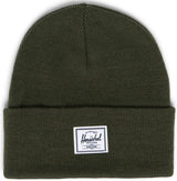 Olive green beanie with a white Herschel brand label.