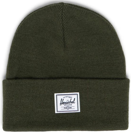 Olive green beanie with a white Herschel brand label.