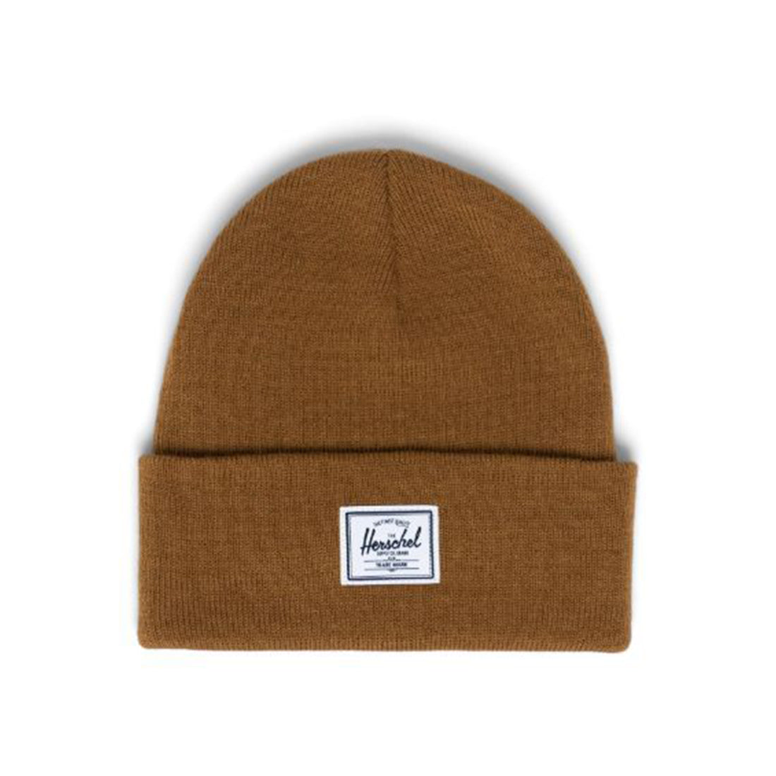 Brown knit beanie with a white Herschel label.