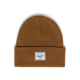 Brown knit beanie with a white Herschel label.