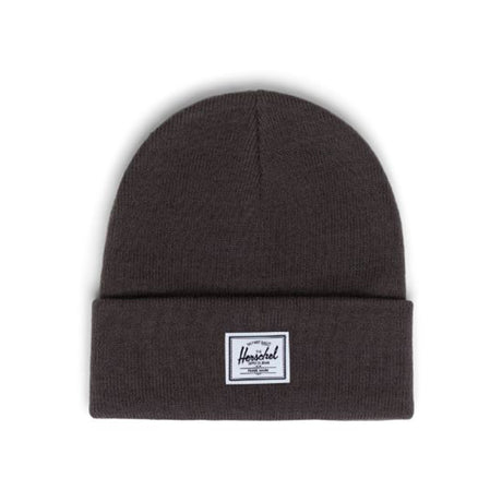Dark brown knit beanie hat with a fold and a white label.