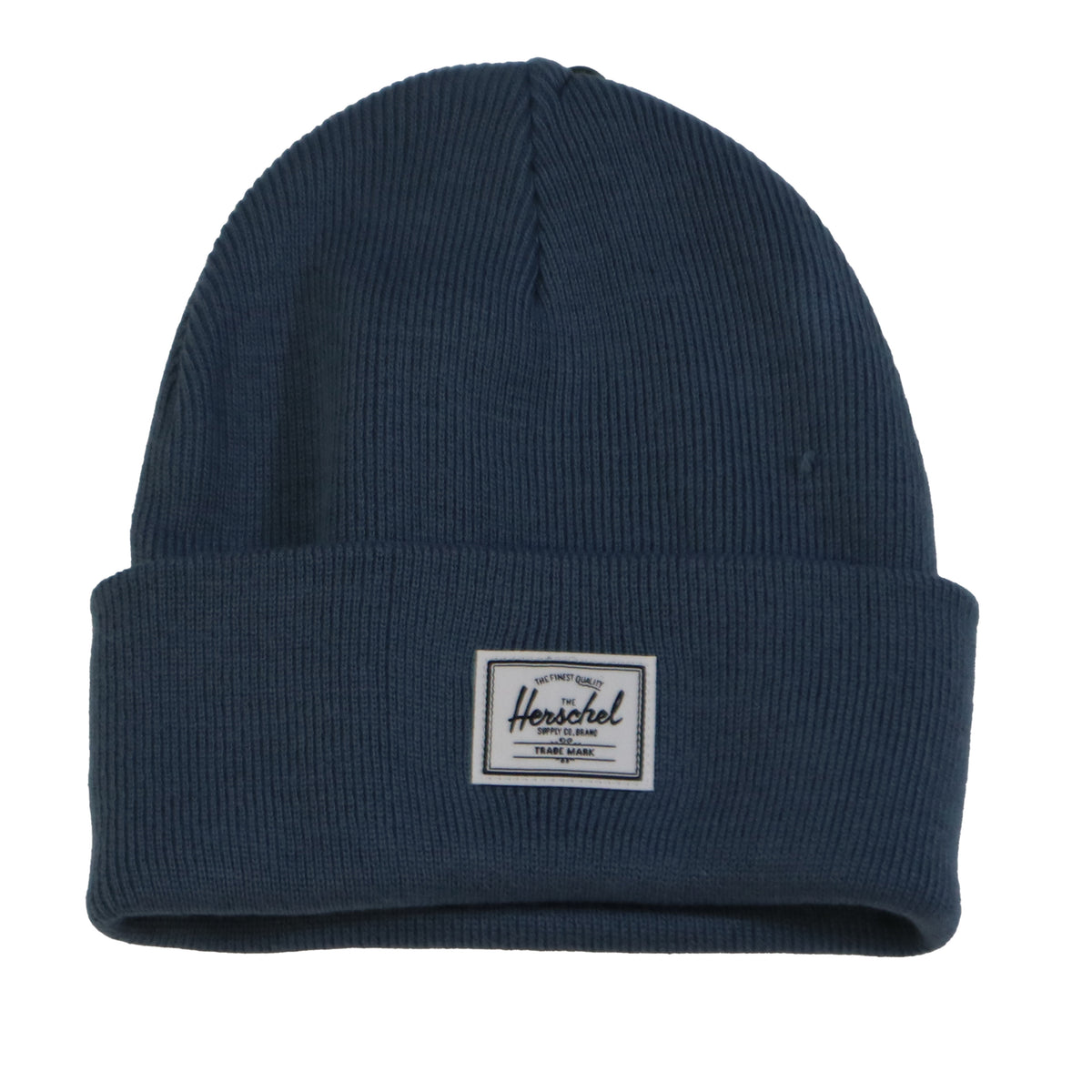 A dark blue ribbed beanie with a white Herschel label on the front.