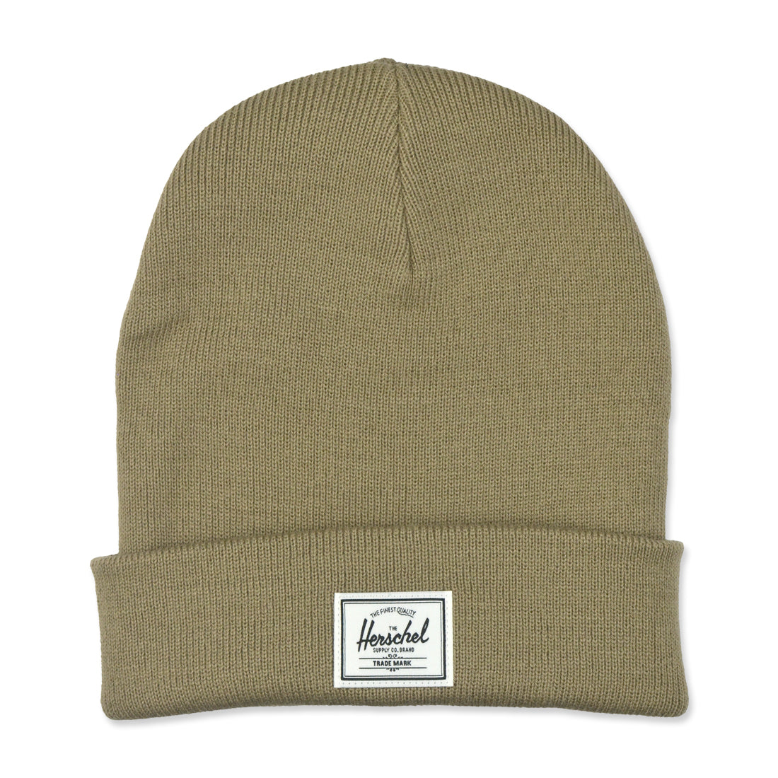 A khaki-colored knitted beanie hat with a folded cuff and a small rectangular brand label on the front.