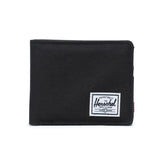 Black wallet with a white Herschel logo tag on the front.