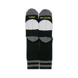 Black socks with gray and white accents, featuring the text "THANK" on one sock and "MR GOOSE" on the other.