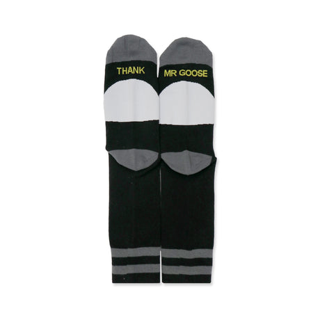 Black socks with gray and white accents, featuring the text "THANK" on one sock and "MR GOOSE" on the other.