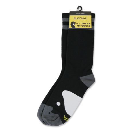 Black socks featuring a cartoon goose design with a white and gray color scheme, labeled "Thank Mr Goose" from the University of Waterloo.