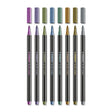 Eight metallic markers in various colors with caps above each marker.