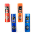 Four colored pencil lead containers: red (0.5 B), orange (0.5 2B), blue (0.5 HB), and light blue (0.5 H).