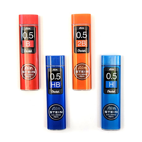 Four colored pencil lead containers: red (0.5 B), orange (0.5 2B), blue (0.5 HB), and light blue (0.5 H).