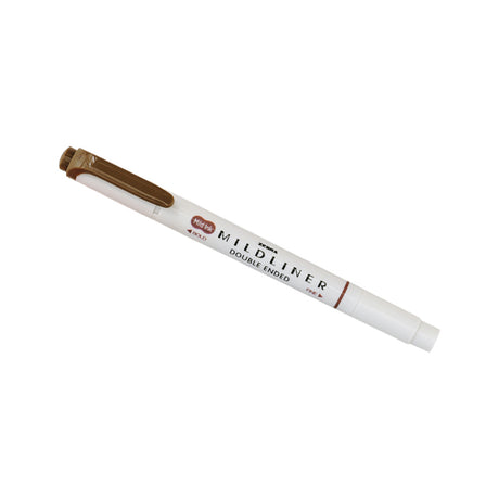 A brown double-ended highlighter pen with a white body labeled "Mildliner."