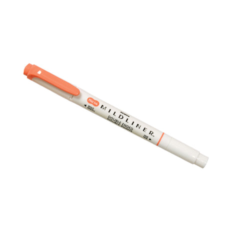 A double-ended highlighter pen with a white body and a light orange cap, labeled "MILDLINER."
