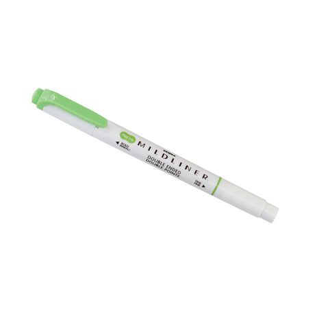 A green double-ended highlighter with a white body labeled "MILDLINER."