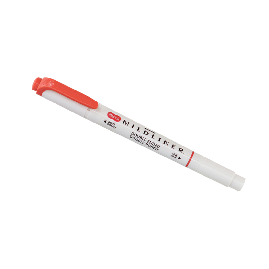 A double-ended highlighter pen with an orange cap and white body, labeled "MILDLINER."