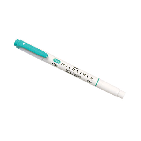 A teal double-ended highlighter with a white body labeled "MILDLINER."