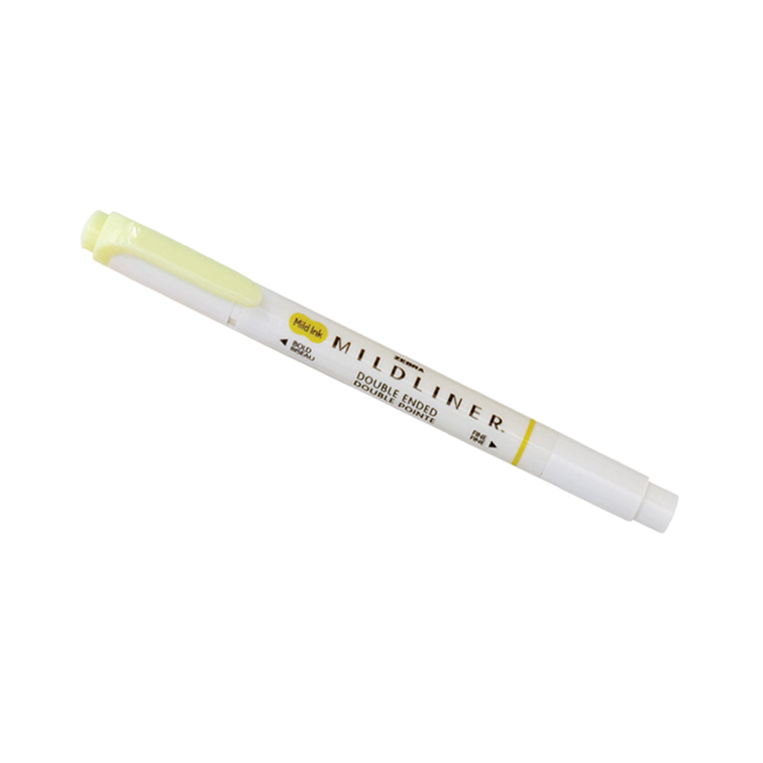 A double-ended highlighter pen with a yellow cap and white body, labeled "MILDLINER."