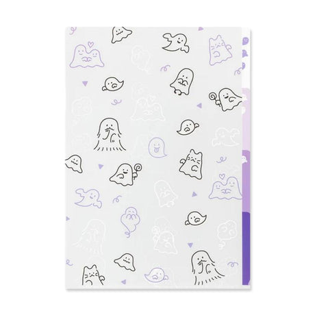 A folder covered in cute, cartoonish ghost illustrations in black and pastel purple on a white background.