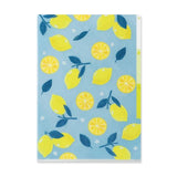 A blue folder with a pattern of yellow lemons, lemon slices, and green leaves.