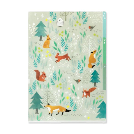 A decorative notebook cover featuring various illustrated woodland animals, including a fox, squirrel, rabbit, and owl, among trees and foliage in soft colors.