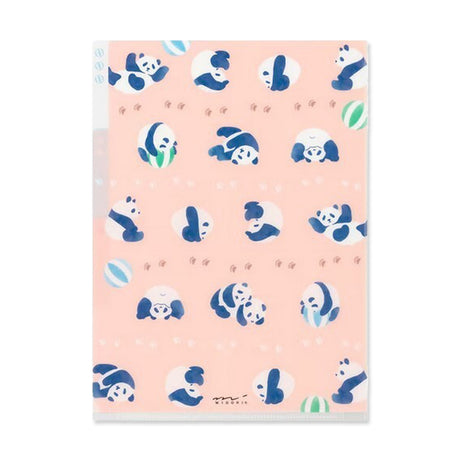 A pink background featuring playful pandas in various poses, some holding balls.